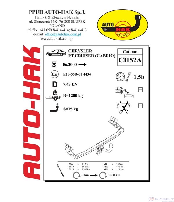 ТЕГЛИЧ CHRYSLER PT CRUISER (2000-) АВТОМАТИЧЕН - AUTOHAK /CH 52A/