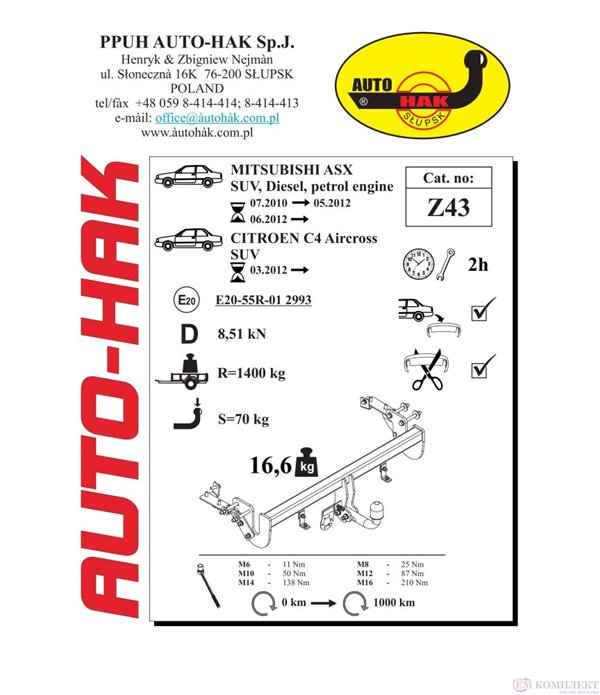 ТЕГЛИЧ MITSUBISHI ASX (2012-) СТАЦИОНАРЕН - AUTOHAK /Z 43/